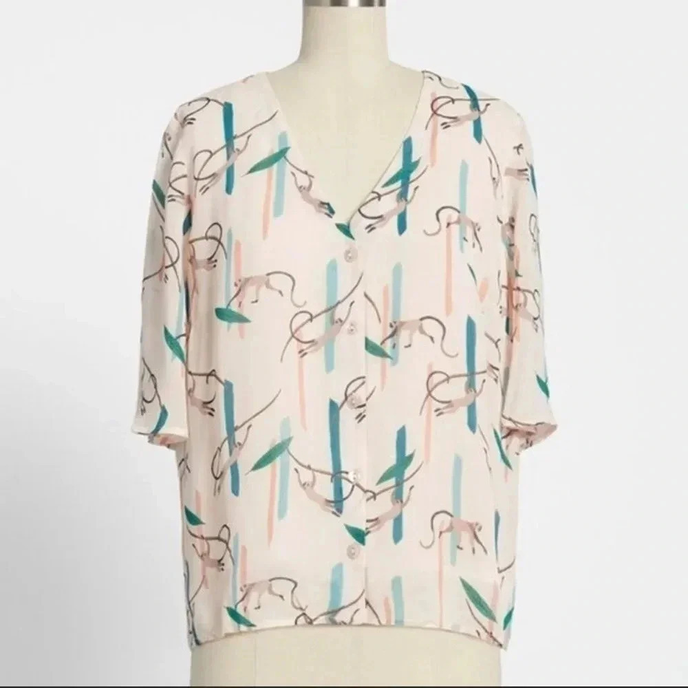 Emily and Fin ModCloth Monkey Around Town Blouse Size Large
